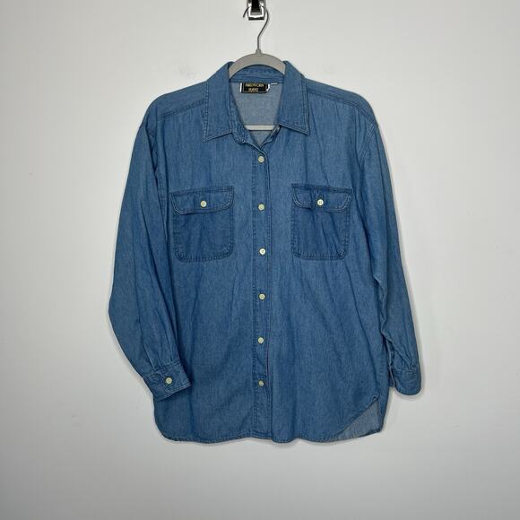 Amercian Rave Shirt Womens Medium Blue Denim Button Up Lighthouse Holiday Cotton - Picture 7 of 9